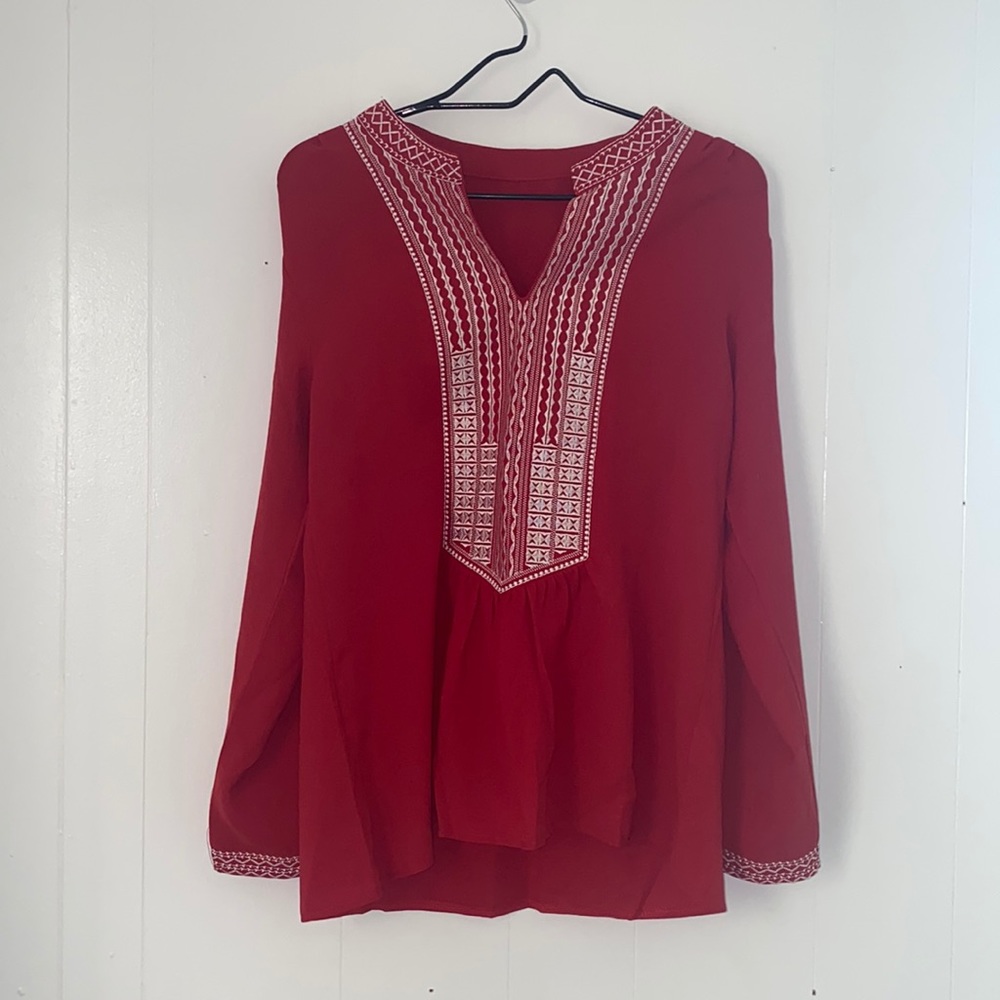 NWOT- Deep Red ethnic style blouse with long sleeves V- Neck
